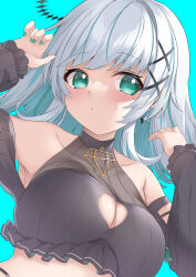 Rule 34 | 1girl, aqua eyes, bare shoulders, blue background, blush, breasts, cleavage, cleavage cutout, clothing cutout, commentary, diamond earrings, earrings, enatsu, grey hair, hair ornament, halter shirt, halterneck, highres, indie virtual youtuber, jewelry, kohane puchi, large breasts, long hair, looking at viewer, mole, mole under eye, see-through, see-through cleavage, skin tight, solo, upper body, virtual youtuber, w arms, x hair ornament