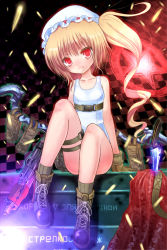 Rule 34 | 1girl, bad id, bad pixiv id, blonde hair, boots, cyrillic, embodiment of scarlet devil, fang, female focus, flandre scarlet, gun, knife, one-piece swimsuit, red eyes, russian text, school swimsuit, solo, sumisu (mondo), swimsuit, touhou, weapon, white one-piece swimsuit, white school swimsuit
