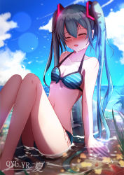 Rule 34 | 1girl, absurdres, arm support, artist name, beach, bikini, blue hair, breasts, cleavage, cloud, cloudy sky, collarbone, crying, day, frilled bikini, frills, hair between eyes, hair ornament, hatsune miku, highres, long hair, navel, ocean, open mouth, outdoors, qingye ling, sky, small breasts, smile, solo, striped bikini, striped clothes, swimsuit, tears, twintails, very long hair, vocaloid, water, wet