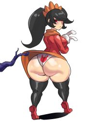 Rule 34 | 1girl, :&lt;, absurdres, accidental exposure, angry, ashley (warioware), ass, ass focus, black hair, branch, dress, female focus, from behind, full body, hair over one eye, hairband, highres, holding, holding stuffed toy, huge ass, long sleeves, looking back, nintendo, aged up, orange hairband, orange neckwear, panties, red dress, red eyes, red footwear, shadow, shoes, shortstack, sidelocks, simple background, solo, standing, stuffed animal, stuffed rabbit, stuffed toy, thick thighs, thighhighs, thighs, twintails, underwear, upskirt, warioware, white background, white panties, witch, ytrall