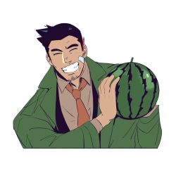 Rule 34 | 1boy, ace attorney, bandaid, bandaid on cheek, bandaid on face, black suit, brown shirt, coat, commentary request, cropped torso, dick gumshoe, facial hair, facing viewer, food, fruit, goatee, green (grimy), green coat, grin, highres, holding, holding food, holding fruit, male focus, necktie, open clothes, open coat, shirt, short hair, sideburns, smile, solo, suit, undershirt, watermelon, white background