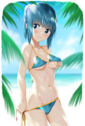 Rule 34 | 1girl, :|, bad id, bad pixiv id, beach, bikini, blue bikini, blue eyes, blue hair, blurry, blurry background, blurry foreground, blush, breasts, closed mouth, cloud, collarbone, covered erect nipples, cowboy shot, day, depth of field, grabbing own breast, groin, hair tie, halterneck, hand under clothes, hand under swimsuit, high ponytail, highres, kuchinawa (skyks), lifting own clothes, looking back, medium breasts, navel, nervous, ocean, original, outdoors, palm leaf, ponytail, pulling own clothes, side-tie bikini bottom, sidelocks, sky, solo, standing, string bikini, sweat, swimsuit, tree, wavy mouth