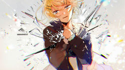 Rule 34 | 1girl, analog clock, black jacket, blonde hair, blue eyes, chromatic aberration, clock, commentary, earrings, food-themed earrings, food themed earrings, furrowed brow, glass shards, hair ornament, hairclip, half-closed eyes, hands on own chest, head tilt, highres, jacket, jewelry, kagamine rin, looking at viewer, makoji (yomogi), orange-shaped earrings, own hands together, shattered, short hair, solo, swept bangs, upper body, vocaloid