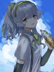 Rule 34 | 1girl, blue sky, bottle, bow, bowtie, cloud, gradient sky, green hairband, grey eyes, hair between eyes, hair flaps, hair ornament, hairband, kantai collection, long hair, looking at viewer, one-hour drawing challenge, open mouth, ponytail, shirt, sidelocks, silver hair, sky, solo, suspenders, wavy hair, white shirt, yamagumo (kancolle), yamashichi (mtseven)