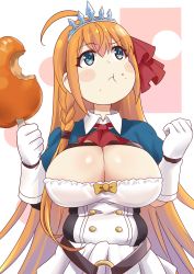 Rule 34 | 1girl, ahoge, ascot, bad id, bad pixiv id, belt, blue eyes, blue sleeves, blush, bone, boned meat, braid, breasts, bursting belly, buttons, cleavage, dress, eating, elbow gloves, food, gesugesu ahoaho, gloves, hair ribbon, highres, large breasts, long hair, looking up, meat, orange hair, pecorine (princess connect!), pink background, princess connect!, puffy cheeks, puffy short sleeves, puffy sleeves, red ascot, red ribbon, ribbon, short sleeves, shrug (clothing), side braid, solo, tiara, two-tone background, white background, white dress, white gloves