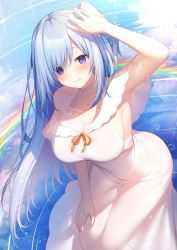 Rule 34 | 1girl, absurdres, arm up, armpits, bare arms, bare shoulders, blue hair, blue theme, breasts, cleavage, collarbone, dress, emori miku, hand on own knee, highres, large breasts, liver city, long hair, looking at viewer, miko (royal milk), one side up, puddle, purple eyes, rainbow, reflection, ripples, see-through, sleeveless, sleeveless dress, smile, solo, sundress, tagme, very long hair, water, white dress