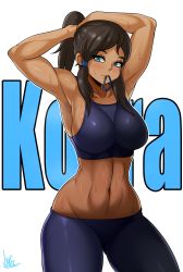 Rule 34 | 1girl, abs, absurdres, adjusting hair, armpits, arms up, avatar legends, black sports bra, blue eyes, breasts, brown hair, character name, dark skin, dark-skinned female, hair ornament, hair scrunchie, hair tubes, highres, jmg, korra, large breasts, long hair, looking at viewer, lowleg, lowleg pants, mouth hold, navel, pants, ponytail, scrunchie, solo, sports bra, sweat, the legend of korra, thick thighs, thighs, tight clothes, tight pants, yoga pants