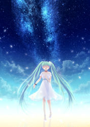 Rule 34 | 1girl, aqua hair, bracelet, choker, cloud, dress, closed eyes, green hair, hand on own chest, hatsune miku, highres, jewelry, lazy orange, long hair, milky way, necklace, night, night sky, open mouth, sky, solo, star (sky), starry sky, twintails, very long hair, vocaloid