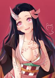 Rule 34 | 1girl, :d, black hair, breasts, brown hair, cleavage, commentary request, fangs, fingernails, forehead, gradient hair, hair ribbon, hand on own chest, hand up, head tilt, highres, horns, japanese clothes, kamado nezuko, kimetsu no yaiba, kimono, large breasts, long hair, multicolored hair, nahaki, nail polish, obi, open mouth, pink eyes, pink kimono, pink nails, pink ribbon, red background, ribbon, sash, simple background, single horn, sleeveless, sleeveless kimono, smile, solo, spoilers, upper body, very long hair
