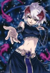 Rule 34 | 1girl, bare shoulders, blue eyes, detached sleeves, duel monster, fangs, hair ornament, isolde belle of the underworld, looking at viewer, midriff, nasubino, navel, pointy ears, reaching, reaching towards viewer, short hair, smile, solo, white hair, yu-gi-oh!