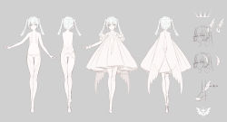 Rule 34 | 1girl, absurdres, ankle wings, bare shoulders, character sheet, closed mouth, collarbone, commentary, dot nose, dress, fake wings, fingernails, grey background, grey eyes, hatsune miku, highres, long eyelashes, long fingernails, long hair, navel, simple background, thighhighs, twintails, vocaloid, white dress, white footwear, white hair, white thighhighs, wings, yoggi (stretchmen)