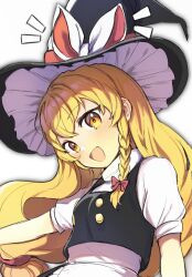 Rule 34 | 1girl, black hat, black vest, blonde hair, blush, braid, hair between eyes, hat, highres, kirisame marisa, long hair, open mouth, petticoat, shirt, short sleeves, simple background, single braid, smile, solo, sweetpotatojelly, touhou, unfinished dream of all living ghost, upper body, vest, white background, white shirt, witch hat, yellow eyes