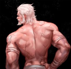Rule 34 | 1boy, arm hair, back, back focus, bandages, bandaid, bara, beard, blind, chest hair, dopey (dopq), facial hair, from behind, male focus, mature male, muscular, muscular male, mustache, naked bandage, old, old man, overwatch, overwatch 1, reinhardt (overwatch), scar, scar across eye, scar on back, scar on face, short hair, sky, solo, star (sky), star (symbol), starry background, starry sky, thick eyebrows, upper body, white hair