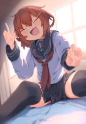 Rule 34 | 1boy, 1girl, absurdres, black sailor collar, black skirt, brown hair, commentary request, facing viewer, fang, hair between eyes, highres, ikazuchi (kancolle), index finger raised, kantai collection, mok4suke, neckerchief, pleated skirt, pov, red neckerchief, sailor collar, sailor shirt, shirt, short hair, sitting, skin fang, skirt, smile, straddling, white shirt, window