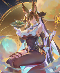 Rule 34 | 1girl, absurdres, animal ears, bare shoulders, breasts, brown hair, closed eyes, commentary request, detached sleeves, extra ears, floating island, frilled sleeves, frills, galleon (granblue fantasy), gloves, granblue fantasy, hair between eyes, highres, holding, holding staff, horns, jewelry, kiriyama2109, large breasts, long hair, planet, pointy ears, sitting, solo, staff, thigh strap, thighs, very long hair, white gloves