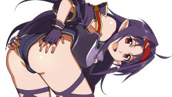 Rule 34 | 1girl, ahoge, armor, artist request, ass, bare shoulders, bent over, breastplate, cameltoe, come hither, detached sleeves, fingerless gloves, from behind, gloves, hand on ass, headband, leaning, leaning forward, leotard, long hair, looking at viewer, open mouth, pointy ears, purple hair, red eyes, shiny skin, smile, solo, sword art online, thighhighs, very long hair, yuuki (sao)