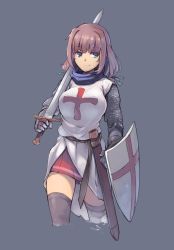 Rule 34 | 1girl, armor, assassin&#039;s creed (series), black thighhighs, blue background, blue eyes, brown hair, chainmail, cross, holding, knight, knights templar, maria thorpe, nightmaremk2, original, over shoulder, pleated skirt, sheath, shield, short hair, simple background, skirt, smile, solo, sword, thighhighs, wading, water, weapon