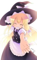 Rule 34 | 1girl, ^ ^, aozora market, apron, blonde hair, bow, clenched teeth, closed eyes, collared shirt, facing viewer, grin, hair bow, hair ribbon, hand on headwear, happy, hat, hat bow, highres, kirisame marisa, long hair, long skirt, necktie, outstretched hand, puffy short sleeves, puffy sleeves, reaching, reaching towards viewer, ribbon, shirt, short sleeves, skirt, skirt set, smile, solo, teeth, touhou, tress ribbon, vest, waist apron, witch hat