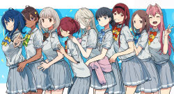 6+girls absurdres alexander_herrington aqua_bow aqua_bowtie asagumo_chihaya basori_tiara black_bow black_bowtie blue_bow blue_bowtie bow bowtie brown_bow brown_bowtie character_request collared_shirt commentary cowboy_shot dark-skinned_female dark_skin dress_shirt english_commentary facing_viewer green_bow green_bowtie grey_skirt hands_on_another&#039;s_hips highres himemiya_karen komari_chika long_hair make_heroine_ga_oo_sugiru! multiple_girls open_mouth red_bow red_bowtie round_teeth school_uniform shikiya_yumeko shirt short_hair skirt smile summer_uniform teeth upper_teeth_only v white_shirt yakishio_lemon yanami_anna yellow_bow yellow_bowtie