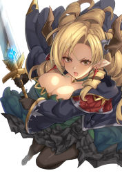 Rule 34 | 1girl, black gloves, black pantyhose, blonde hair, blue robe, breasts, brown eyes, choker, cleavage, draph, dress, drill hair, earrings, elbow gloves, gloves, granblue fantasy, green dress, highres, horns, jewelry, large breasts, long dress, long hair, long sleeves, looking at viewer, maria theresa (granblue fantasy), open mouth, pantyhose, parted bangs, pointy ears, quad drills, robe, solo, sword, weapon, yude