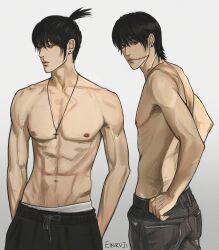 Rule 34 | 2boys, abs, artist name, black eyes, black hair, black pants, chainsaw man, cowboy shot, cross, cross necklace, earrings, einruji, from side, glasgow smile, hair between eyes, hands in pockets, hayakawa aki, highres, jewelry, kishibe (chainsaw man), kishibe (young) (chainsaw man), looking at viewer, looking down, male focus, medium hair, mole, mole on body, multiple boys, navel, necklace, nipples, pants, parted lips, short hair, simple background, stitched face, stitches, stud earrings, topknot, topless male, veins, white background