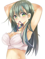 Rule 34 | 10s, 1girl, alternate costume, armpits, arms behind head, arms up, bra, breasts, cleavage, commentary request, cowboy shot, green eyes, green hair, kantai collection, large breasts, long hair, looking at viewer, mouth hold, purple bra, purple ribbon, ribbon, shiny skin, simple background, solo, sumisuzu, suzuya (kancolle), underwear, underwear only, upper body, white background