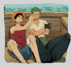 Rule 34 | 2boys, absurdres, bandana, bandana around arm, black bandana, black eyes, black hair, boat, cheek poking, closed eyes, closed mouth, crossed arms, day, earrings, facial scar, feet out of frame, green hair, haramaki, hat, highres, jewelry, male focus, monkey d. luffy, multiple boys, nossen, ocean, one eye closed, one piece, outdoors, poking, red vest, roronoa zoro, scar, scar across eye, scar on cheek, scar on chest, scar on face, short hair, sideburns, single earring, sitting, straw hat, vest, watercraft