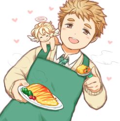 Rule 34 | 2boys, angel wings, apron, blonde hair, blush, brown eyes, cherub, collared shirt, cupid (housamo), feathered wings, food, green apron, green necktie, halo, heart, holding, holding food, incoming food, male focus, multiple boys, necktie, omelet, omurice, open mouth, shirt, short hair, smile, steam, summon lw, sweater, tareme, tennouji shin&#039;ya, tokyo houkago summoners, white background, white shirt, wings, yellow sweater