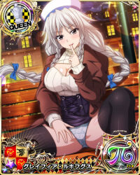 Rule 34 | 1girl, bench, black thighhighs, blue bow, bow, braid, breasts, brown jacket, card (medium), chess piece, cleavage, cleavage cutout, clothing cutout, female focus, finger to mouth, floral print, grayfia lucifuge, grey eyes, grey hair, hair bow, hat, high school dxd, jacket, large breasts, long hair, looking at viewer, matching hair/eyes, mature female, night, official art, outdoors, panties, print panties, queen (chess), red lips, ribbed sweater, shushing, sitting, smile, solo, sweater, thick thighs, thighhighs, thighs, twin braids, underwear
