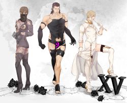 Rule 34 | 3boys, a2 (nier:automata), a2 (nier:automata) (cosplay), bare shoulders, black gloves, black thighhighs, blindfold, blonde hair, boots, breasts, brown hair, cleavage, commander (nier:automata) (cosplay), company connection, cosplay, crossdressing, elbow gloves, final fantasy, final fantasy xv, fishnets, gladiolus amicitia, gloves, high heels, highleg, highleg leotard, horsewhip, ignis scientia, leotard, male focus, multiple boys, nier:automata, nier (series), operator 6o, prompto argentum, soto (20151217337), square enix, thighhighs, torn clothes, veil, white footwear, white gloves, commander (nier:automata), yorha no. 21 type o, yorha no. 21 type o (cosplay), yorha no. 6 type o, yorha no. 6 type o (cosplay)