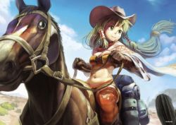 Rule 34 | 1girl, breasts, cactus, cleavage, clenched hand, cloud, commentary request, day, desert, feena (grandia), gloves, grandia, grandia i, green hair, hat, head out of frame, horse, kousaku, large breasts, long hair, midriff, mountain, navel, sky, smile