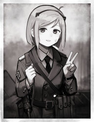 1girl absurdres ammunition_pouch collared_shirt girls&#039;_frontline gun hairband highres inset_border jacket looking_at_viewer m3_(girls&#039;_frontline) m3_submachine_gun military_jacket military_uniform monochrome necktie parted_lips pouch rampart1028 sepia shirt short_hair solo submachine_gun sweatdrop upper_body v weapon