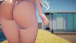 Rule 34 | 1girl, 3d, animated, ass, ass focus, ass shake, bare shoulders, bikini, blue eyes, breasts, dancing, highres, huge ass, jic jic, jiggle, large breasts, long hair, rwby, shiny skin, smile, solo, swimsuit, thick thighs, thighs, thong, thong bikini, very long hair, video, weiss schnee, white hair