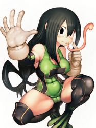 Rule 34 | 10s, 1girl, asui tsuyu, bare shoulders, black eyes, black hair, black thighhighs, blush, boku no hero academia, bow-shaped hair, breasts, brown gloves, cameltoe, cleavage, closed mouth, covered erect nipples, covered navel, fumio (rsqkr), gloves, hair rings, index finger raised, large breasts, long hair, long tongue, low-tied long hair, outstretched arm, palms, simple background, skindentation, smile, solo, spread fingers, squatting, thick thighs, thighhighs, thighs, tongue, tongue out, very long hair, very long tongue, white background