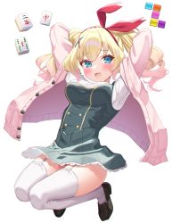 Rule 34 | 1girl, :d, arms behind head, arms up, blonde hair, blue eyes, blush, bow hairband, brown footwear, cardigan, commentary request, dress, full body, garter straps, gradient hair, green dress, hair ornament, hairband, highres, indie virtual youtuber, jumping, k mugura, kani biimu (vtuber), loafers, long hair, long sleeves, looking at viewer, mahjong, mahjong tile, multicolored hair, open cardigan, open clothes, open mouth, pinafore dress, pink cardigan, pink hair, red hairband, shirt, shoes, simple background, sleeveless dress, smile, solo, thighhighs, twintails, virtual youtuber, white background, white shirt, white thighhighs, x hair ornament