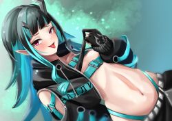 Rule 34 | 1girl, nanashi inc., belt, belt bra, black gloves, black hair, black skirt, blue belt, blue hair, blush, bra, bra pull, chest belt, clothes pull, commentary request, cropped jacket, demon girl, demon horns, dutch angle, fang, flat chest, fooming, gloves, highres, horns, jacket, long hair, long sleeves, looking at viewer, multicolored hair, navel, open clothes, open jacket, open mouth, partially fingerless gloves, pointy ears, pulling own clothes, red eyes, shishio chris, skin fang, skirt, smile, solo, sugar lyric, tongue, tongue out, two-tone hair, underwear, upper body, virtual youtuber, zipper