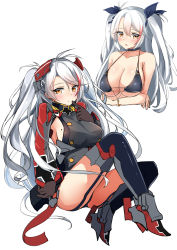 Rule 34 | 1girl, absurdres, ass, azur lane, bikini, black bikini, black choker, black panties, black ribbon, blue thighhighs, blush, boots, breasts, brown eyes, brown gloves, choker, cropped torso, cross, dress, finger to mouth, gloves, grey dress, grey footwear, hair between eyes, hair ornament, hair ribbon, highres, iron cross, knees up, large breasts, long hair, long sleeves, mole, mole on breast, moyoron, multicolored hair, multiple views, panties, parted lips, prinz eugen (azur lane), prinz eugen (unfading smile) (azur lane), red hair, ribbon, rudder footwear, sideboob, silver hair, simple background, sitting, sleeves past wrists, streaked hair, swimsuit, thighhighs, two side up, underwear, upper body, very long hair, white background