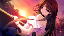Rule 34 | 1girl, :|, bare shoulders, black hair, bracelet, breasts, closed mouth, evening, game cg, hairband, highres, jewelry, kuchifusa yogiri, large breasts, long hair, looking at viewer, looking back, nanaka mai, plant, pure girl, purple eyes, solo, sunset, tree