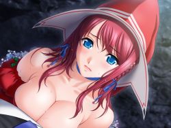 Rule 34 | 1girl, amanogawa subaru, blue eyes, blush, breast press, breasts, choker, cleavage, game cg, hat, large breasts, majodou, red hair, sano toshihide, solo, sweat, witch