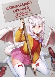 Rule 34 | 1girl, :o, ahoge, bow legwear, braid, brown eyes, commentary, demon girl, demon horns, demon tail, demon wings, english commentary, english text, grey background, hair between eyes, holding, holding sign, horns, jacket, lilim (monster girl encyclopedia), long hair, long sleeves, looking at viewer, maritan (pixelmaritan), monster girl encyclopedia, open mouth, orange jacket, original, paint can, pink skirt, pointy ears, red footwear, red shirt, runa (maritan), shirt, shoes, unworn shoes, sign, simple background, sitting, skirt, solo, tail, thighhighs, twin braids, wariza, white hair, white thighhighs, wings, zettai ryouiki