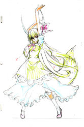 Rule 34 | &gt;:), 1girl, arm up, color trace, dress, ex-keine, female focus, h-new, horn ornament, horn ribbon, horns, kamishirasawa keine, long hair, outstretched arm, production art, ribbon, see-through, sketch, smile, solo, standing, tail, tiptoes, touhou, traditional media, v-shaped eyebrows