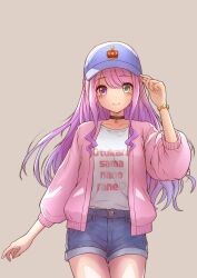 1girl alternate_costume baseball_cap blush brown_background clothes_writing commentary_request cowboy_shot crown_print denim denim_shorts green_eyes hat heterochromia highres himemori_luna hololive jacket long_hair long_sleeves mikan_mizu pink_hair pink_jacket purple_eyes shirt shorts simple_background smile solo virtual_youtuber white_shirt