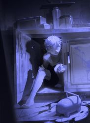 Rule 34 | 1boy, absurdres, aged down, black shorts, blood, blood splatter, blue eyes, blue hair, blue theme, chainsaw, chainsaw man, child, chinese commentary, collarbone, commentary request, cupboard, dark, denji (chainsaw man), dish rack, full body, hand on own knee, hiding, highres, indoors, kitchen, knees up, looking up, male focus, microwave, outstretched leg, parted lips, pochita (chainsaw man), shadow, shelf, shirt, short hair, shorts, sitting, socks, solo, tank top, tile floor, tile wall, tiles, white shirt, white socks, yu qing