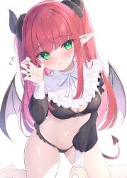 Rule 34 | 1girl, barefoot, black bra, black nails, black panties, black sleeves, blunt bangs, blunt ends, blush, bra, breasts, buttons, cameltoe, claw pose, cleavage, collar, cosplay, demon tail, demon wings, flying sweatdrops, foot out of frame, frilled bra, frilled panties, frilled shirt collar, frills, green eyes, hand up, head tilt, highres, horns, kitagawa marin, kneeling, leaning forward, legs apart, long hair, long sleeves, looking at viewer, medium breasts, mikaze oto, nail polish, navel, no pants, panties, parted lips, pointy ears, red hair, rizu-kyun, rizu-kyun (cosplay), simple background, solo, sono bisque doll wa koi wo suru, straight-on, string panties, sweatdrop, tail, twintails, underwear, white background, white collar, wings