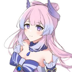 Rule 34 | 1girl, bare shoulders, blue bow, blue choker, blue hair, blush, bow, choker, commentary request, detached sleeves, dress, genshin impact, highres, long hair, looking at viewer, multicolored hair, pink hair, purple eyes, ruuna (runa runacat), sangonomiya kokomi, simple background, solo, strapless, strapless dress, streaked hair, upper body, very long hair, white background