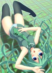 Rule 34 | 1girl, bad id, bad pixiv id, blue eyes, blush, green hair, hand on own hip, hatsune miku, hip focus, long hair, necktie, no pants, open mouth, oruto (ort+), oruton, panties, solo, striped clothes, striped panties, thighhighs, twintails, underwear, upside-down, very long hair, vocaloid