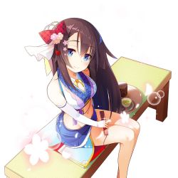 Rule 34 | 1girl, black hair, blue eyes, breasts, cleavage, closed mouth, detached sleeves, emma beauty, hand fan, flower, folding fan, from above, hair flower, hair ornament, looking at viewer, looking up, medium breasts, midriff, navel, nekomu, sitting, skirt, sleeves past wrists, smile, solo, transparent background, uchi no hime-sama ga ichiban kawaii