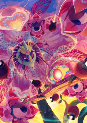 Rule 34 | absurdres, battle, commentary, copy ability, crown, flower, heart, highres, hypernova kirby, inhaling, insect wings, kirby, kirby: triple deluxe, kirby (series), leaf, looking at another, missile, monster, nintendo, no humans, oversized flower, pink flower, queen sectonia, sky, suyasuyabi, twitter username, wings