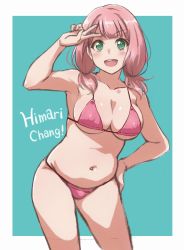Rule 34 | 1girl, :d, aqua background, armpits, bang dream!, bikini, breasts, character name, cleavage, collarbone, commentary request, covered erect nipples, green eyes, hand on own hip, large breasts, long hair, low twintails, navel, open mouth, pink bikini, pink hair, smile, solo, swimsuit, turkey min, twintails, uehara himari, v