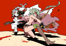 Rule 34 | 10s, 1boy, 1girl, axe, belt, blood, boots, bow, club (weapon), commentary request, dwarf shaman (goblin slayer!), elf, gangure (disemboweled), geta, gloves, goblin slayer!, green eyes, green hair, grey hair, high elf archer (goblin slayer!), long hair, pointy ears, ponytail, red background, ribs, shorts, topless, weapon